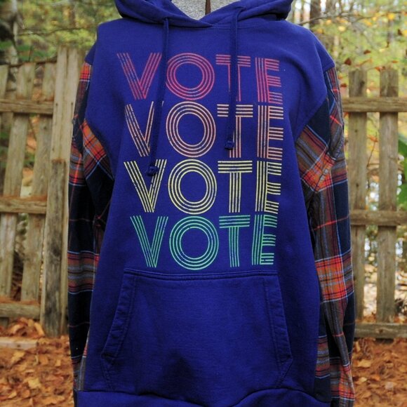 VOTE VOTE Election Reconstructed Hoodie Sweatshirt Navy Blue 2XL Plaid Sleeves - Picture 3 of 8